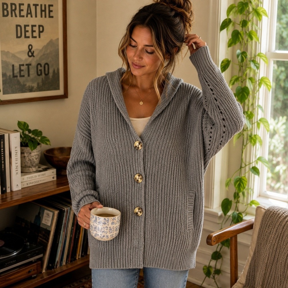 Free People Swim Too Deep Gray Oversized Chunky Cardigan Shawl Collar Size M